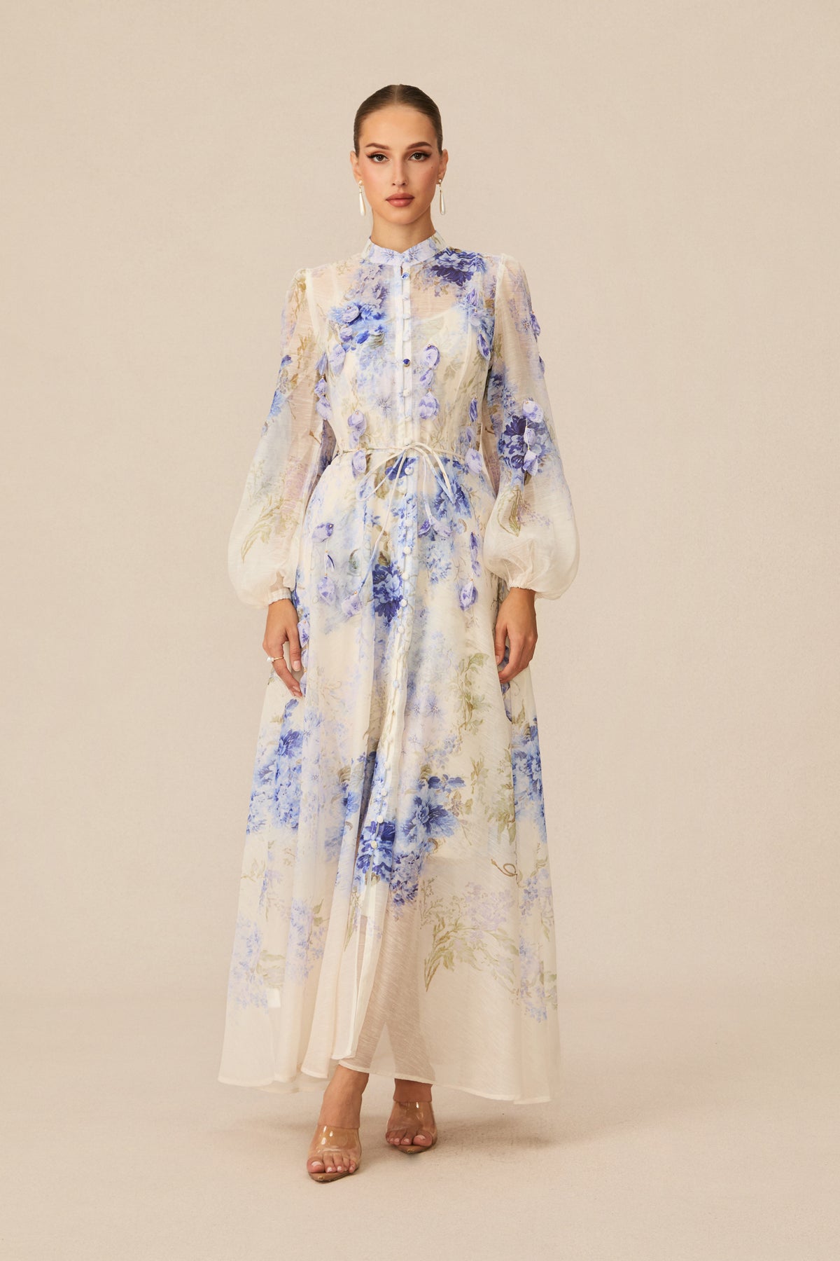 sandra Blue Floral Print puff sleeve Maxi Dress