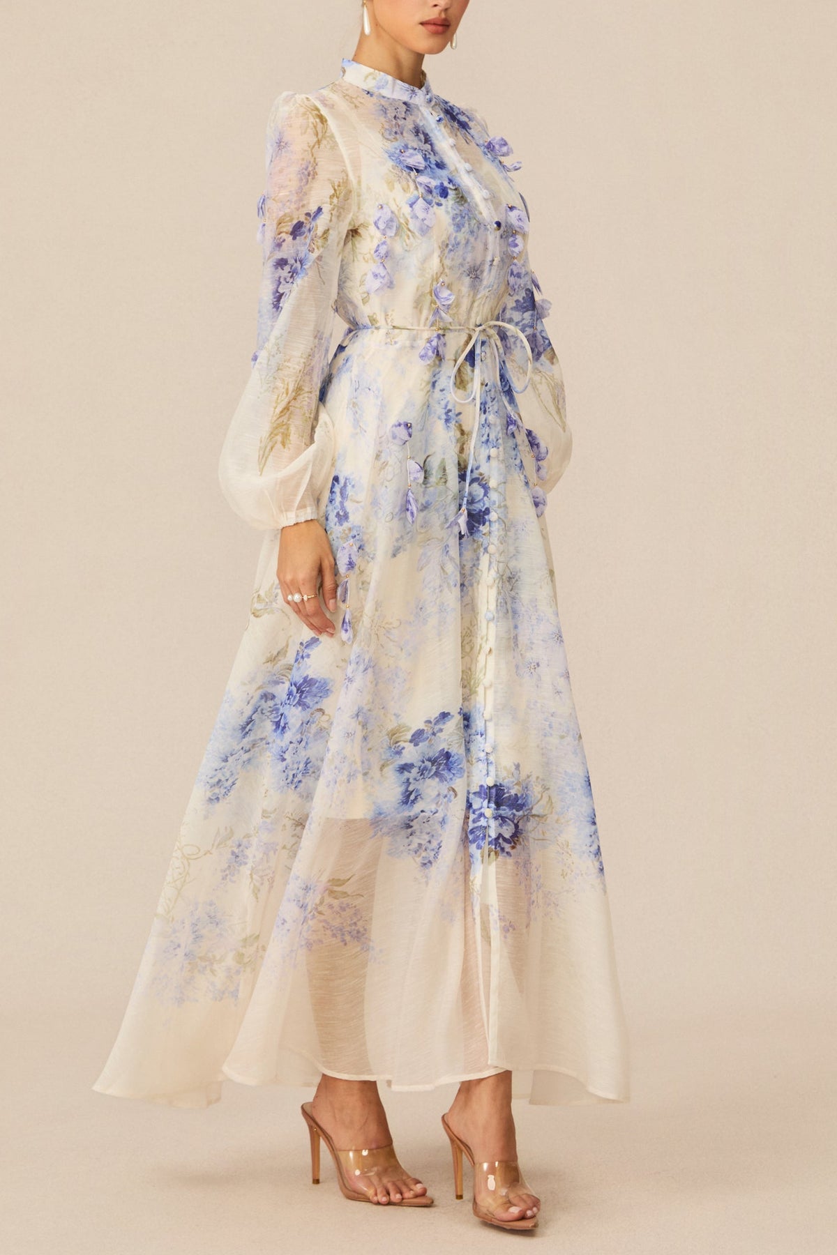 sandra Blue Floral Print puff sleeve Maxi Dress