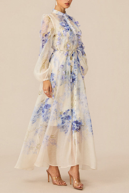 sandra Blue Floral Print puff sleeve Maxi Dress