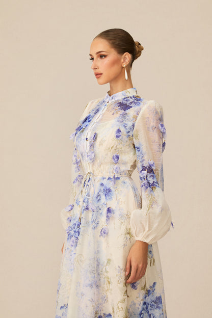 sandra Blue Floral Print puff sleeve Maxi Dress