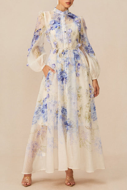 sandra Blue Floral Print puff sleeve Maxi Dress