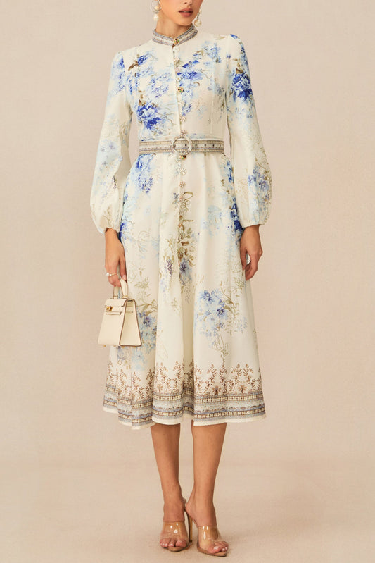White Floral Print Midi Dress