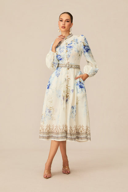 White Floral Print Midi Dress