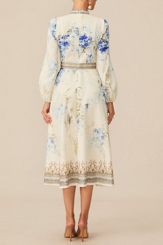 White Floral Print Midi Dress