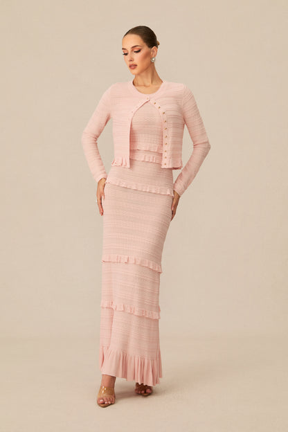 mildred Pink Textured Knit Maxi Dress & Cardigan Set
