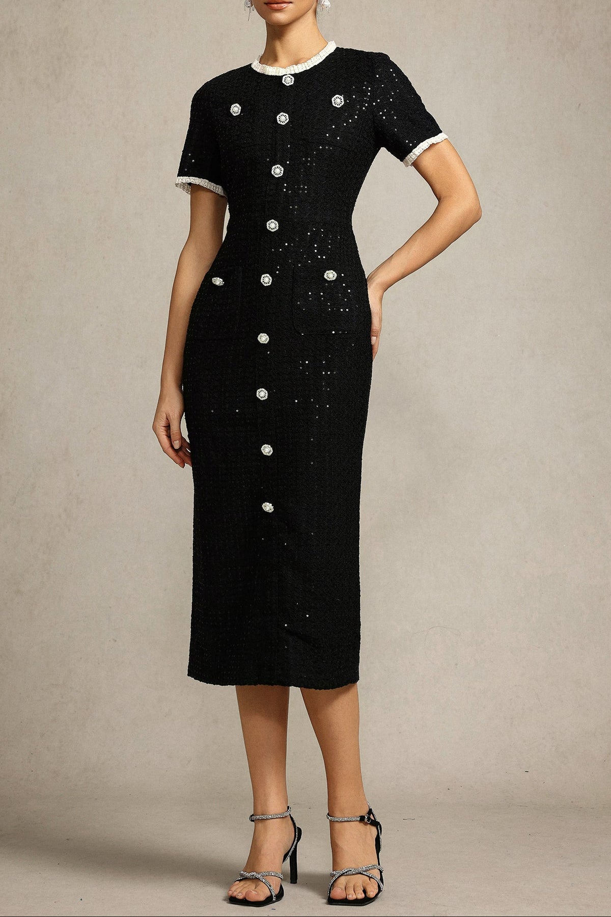 Round Neck Short Sleeves sequin Maxi Dress in black