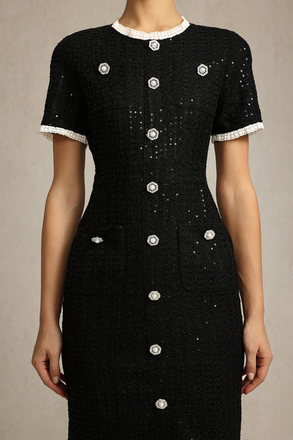 Round Neck Short Sleeves sequin Maxi Dress in black