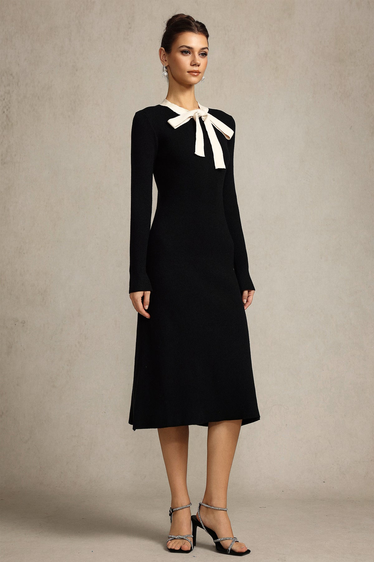 janice Round Neck Long Sleeves Bowknot Streamer Maxi Dress in black