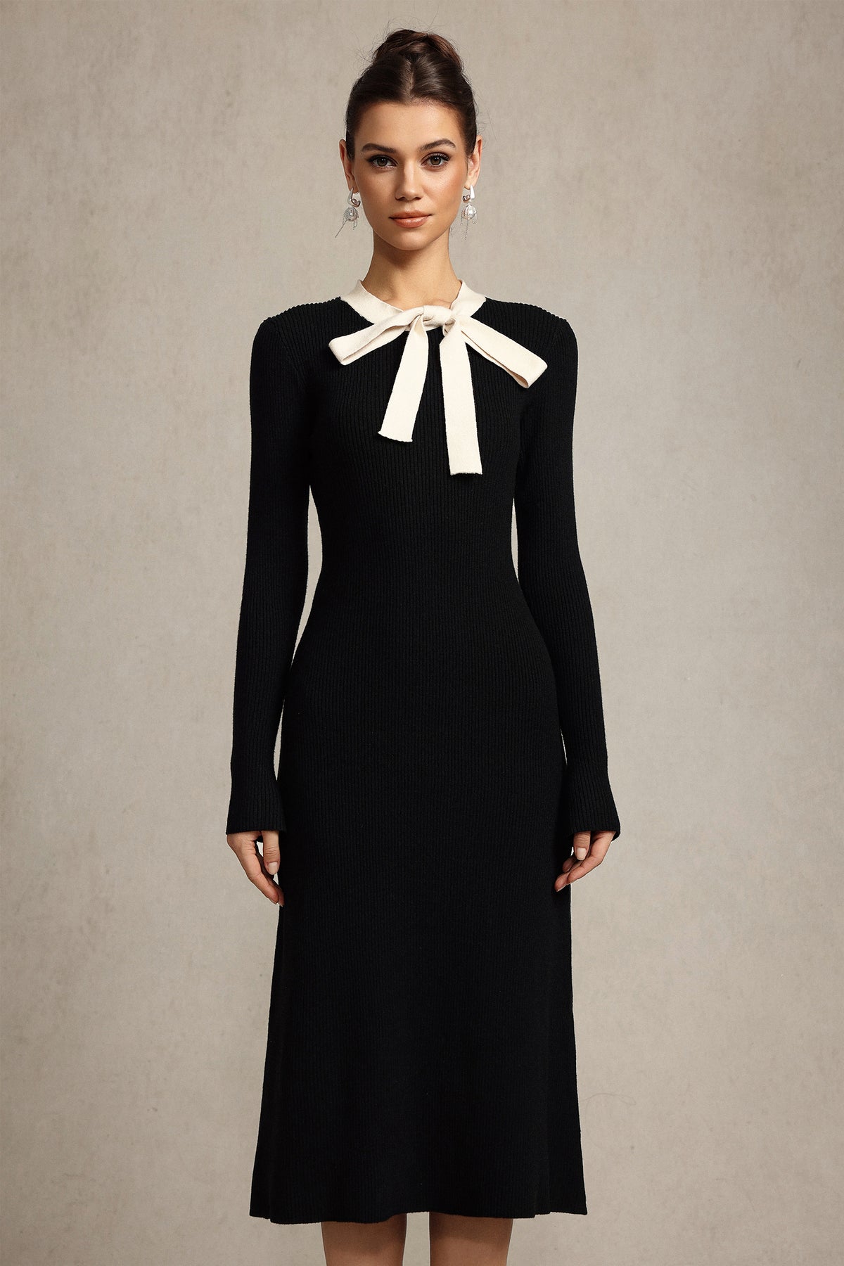 janice Round Neck Long Sleeves Bowknot Streamer Maxi Dress in black
