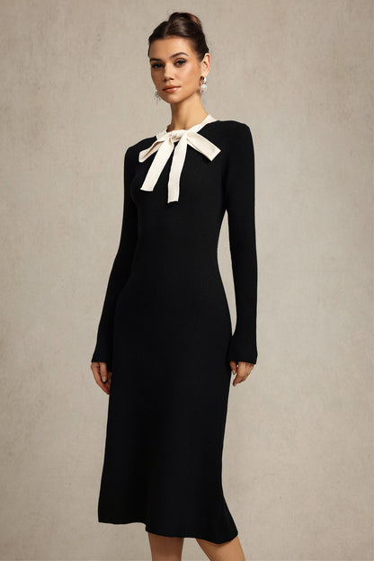 janice Round Neck Long Sleeves Bowknot Streamer Maxi Dress in black