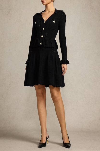Leaf-edge paneled V-neck knitted mini dress in black