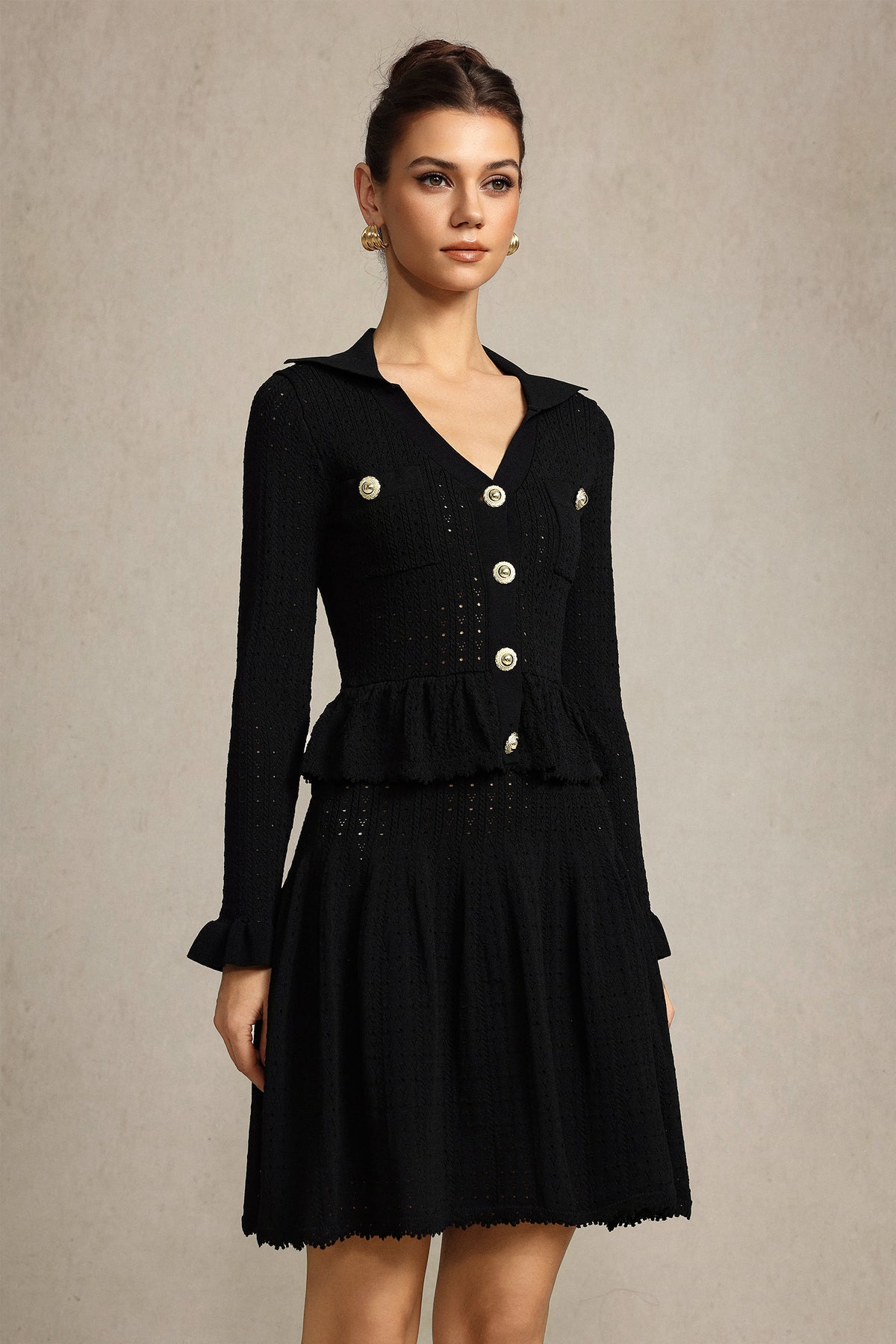 Leaf-edge paneled V-neck knitted mini dress in black