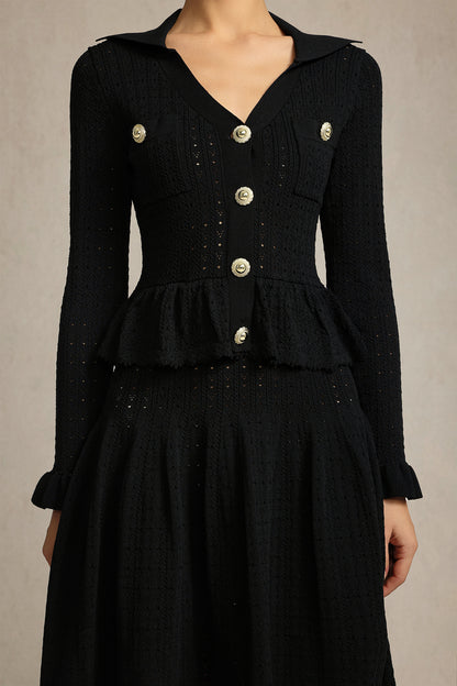 Leaf-edge paneled V-neck knitted mini dress in black