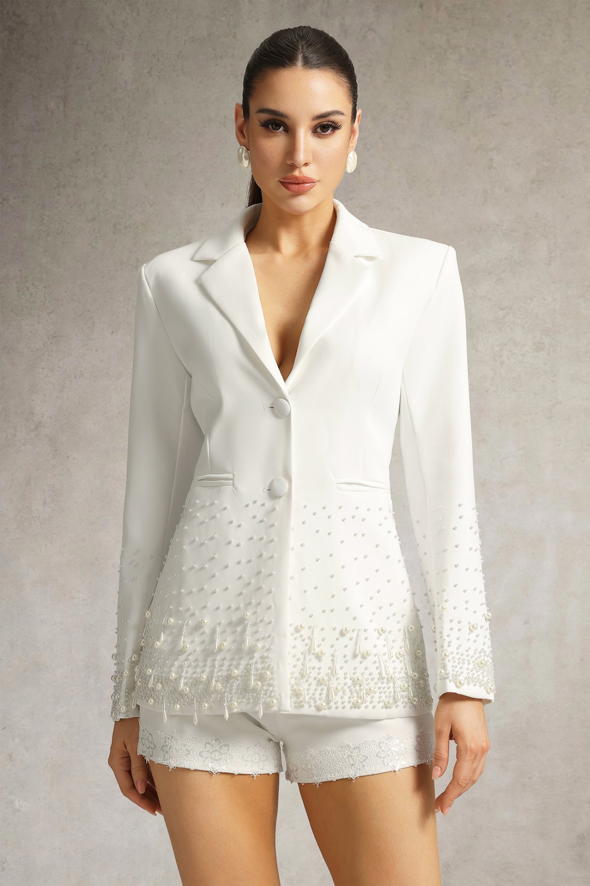 mirabelle Long Sleeve Pearl Blazer in white