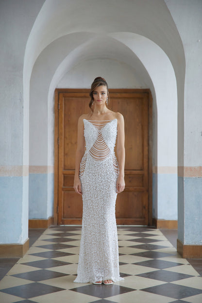 Iseult White Faux Pearl Mesh Maxi Gown