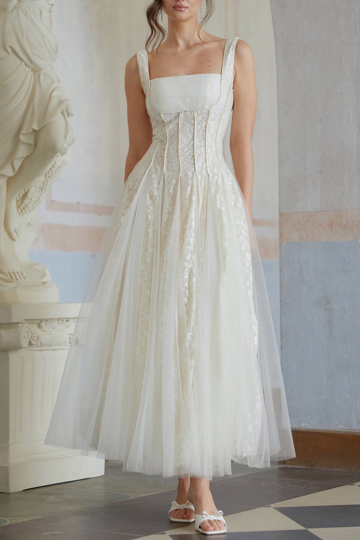 jessica Neutral Tulle Panel Lace Maxi Dress in white