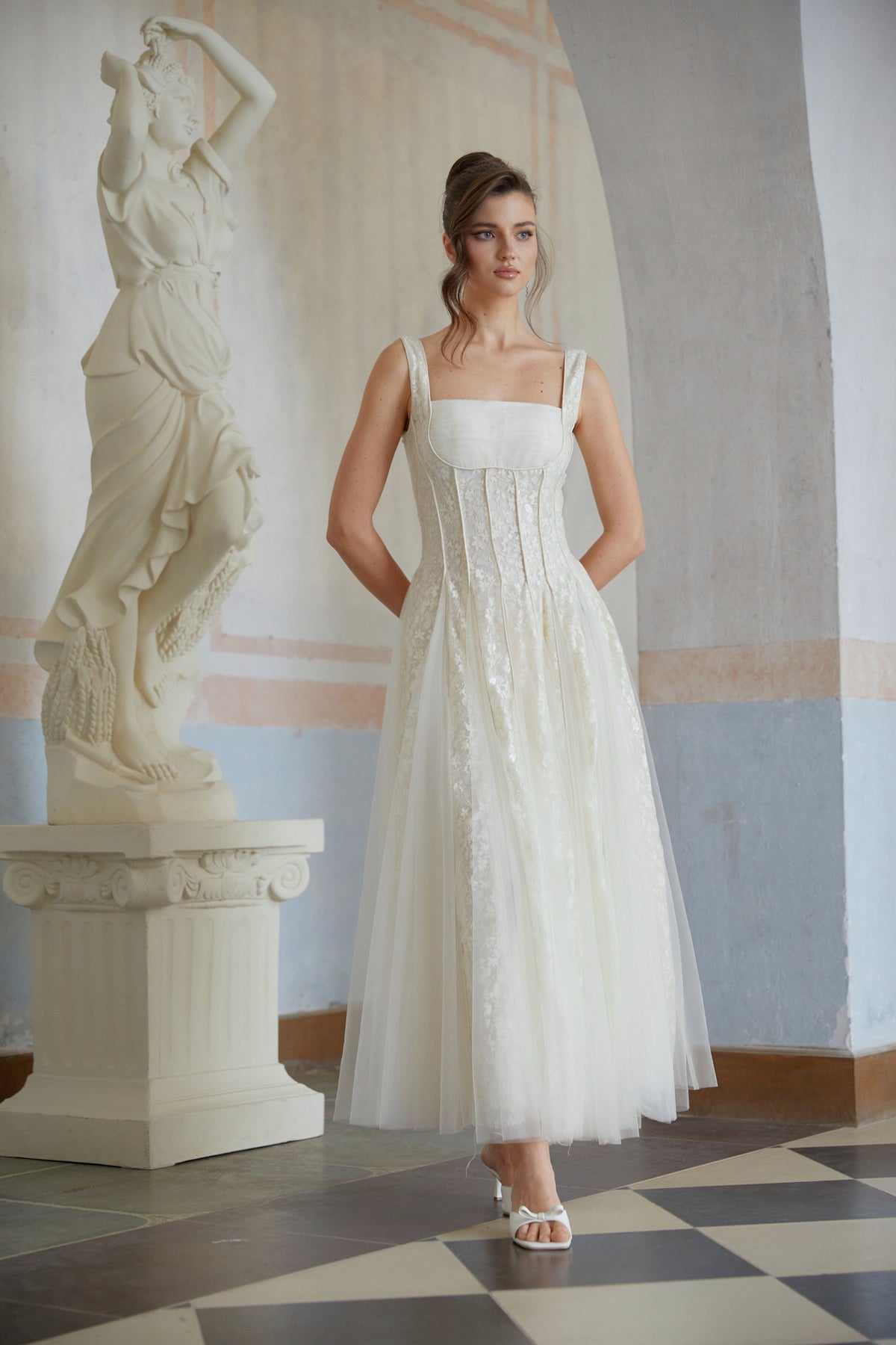 jessica Neutral Tulle Panel Lace Maxi Dress in white
