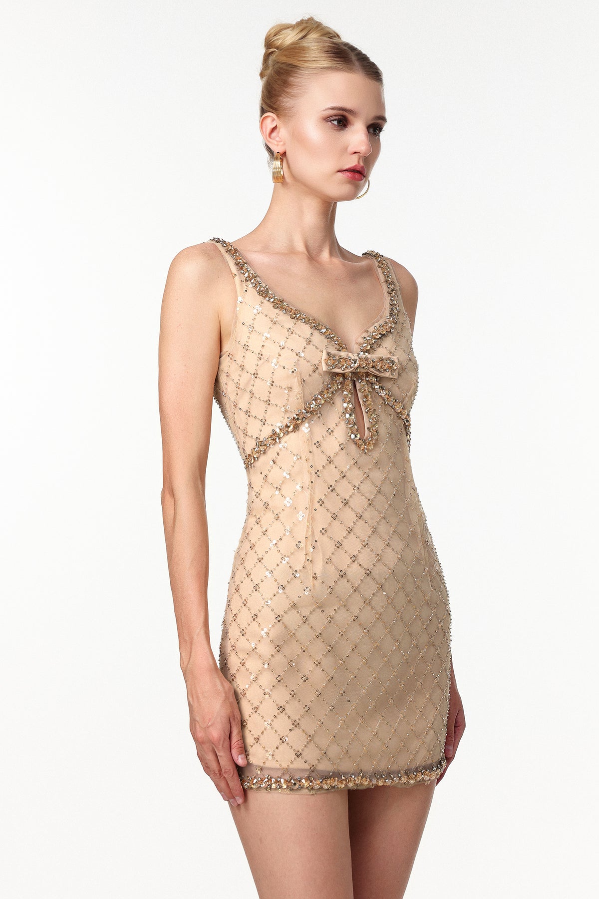mona Embellished Rhinestone Sequin Mini Dress in yellow