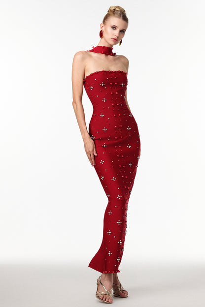 Nesya Sleeveless Pearl Wine Bandage Maxi Dress