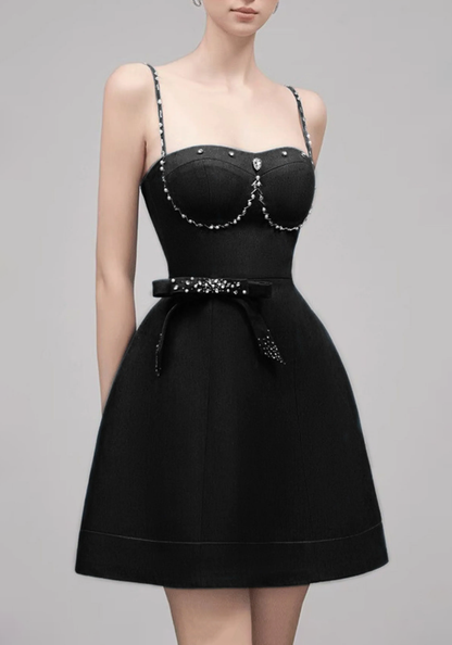 ELMA CRYSTAL EMBELLISHED BOW MINI DRESS IN BLACK