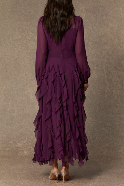 bonnie Purple Bow Neck Tiered Ruffle Maxi Dress