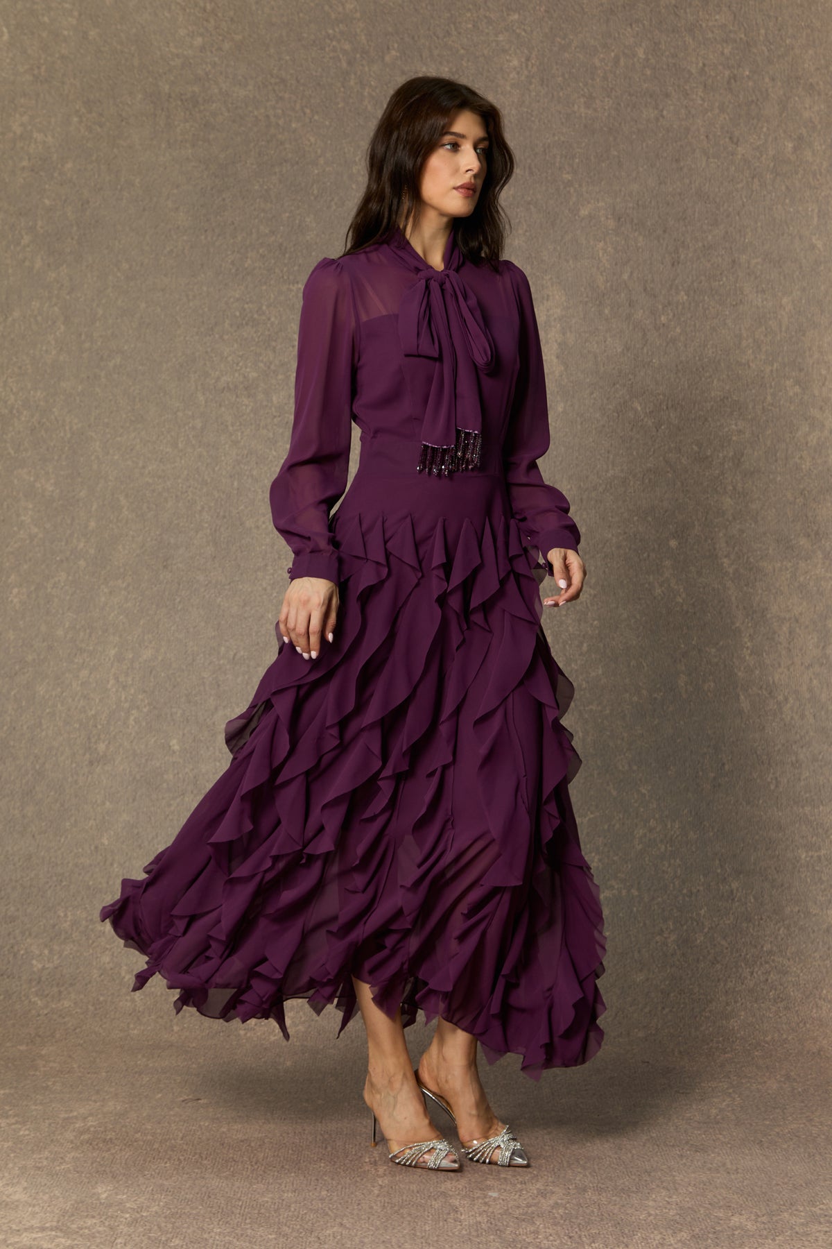 bonnie Purple Bow Neck Tiered Ruffle Maxi Dress
