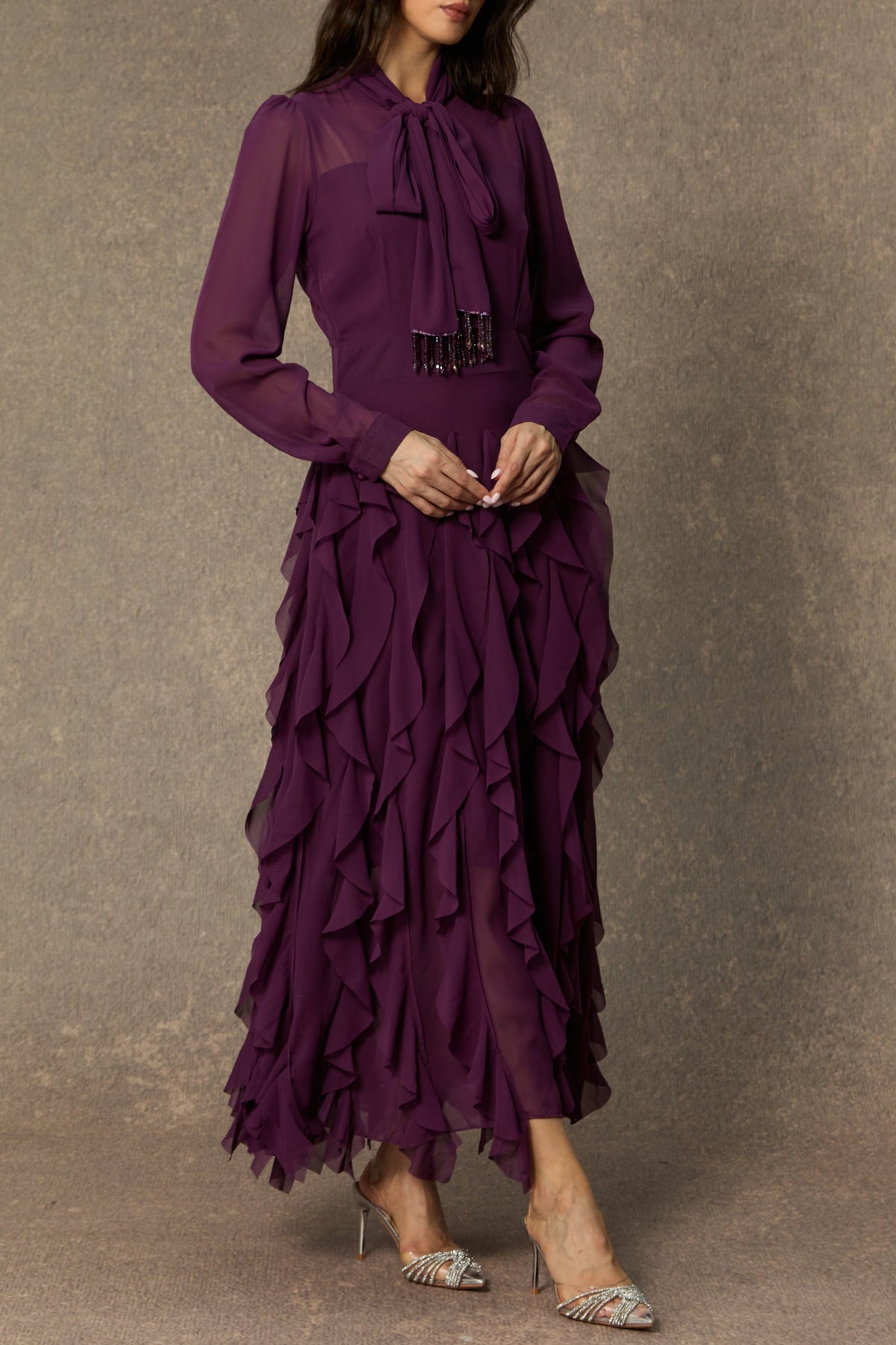 bonnie Purple Bow Neck Tiered Ruffle Maxi Dress