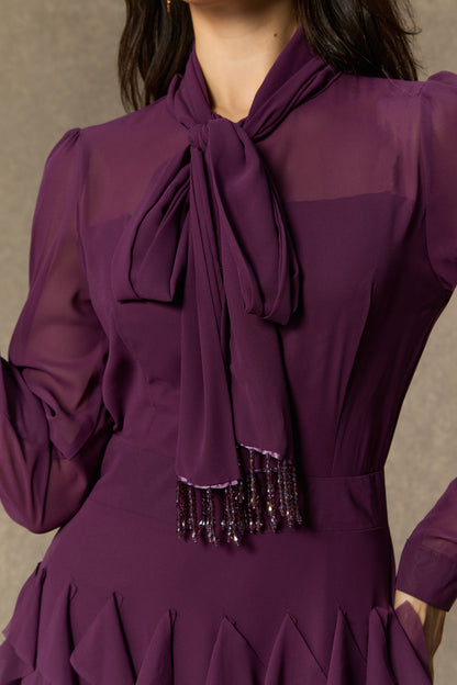 bonnie Purple Bow Neck Tiered Ruffle Maxi Dress