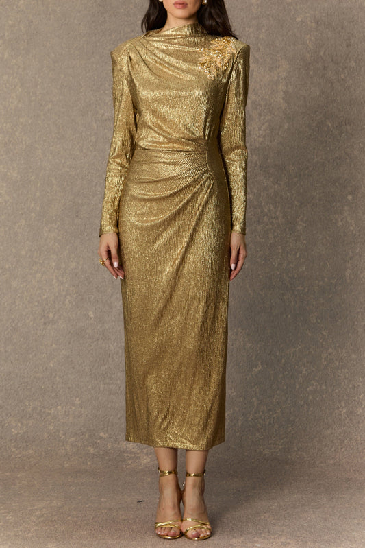 michelle Gold Floral Embellished Texture Midi Dress