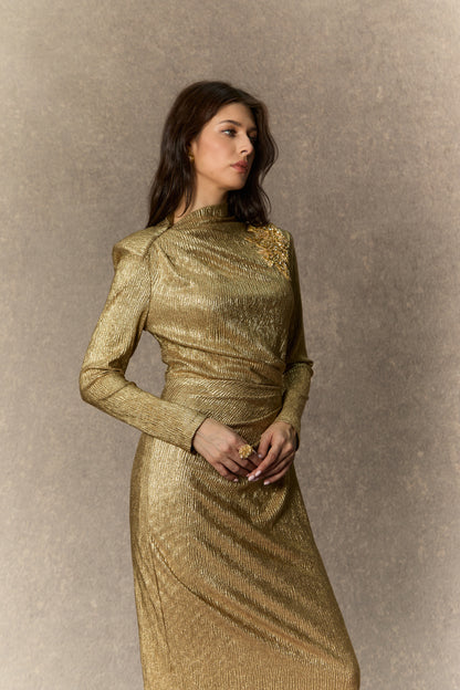 michelle Gold Floral Embellished Texture Midi Dress
