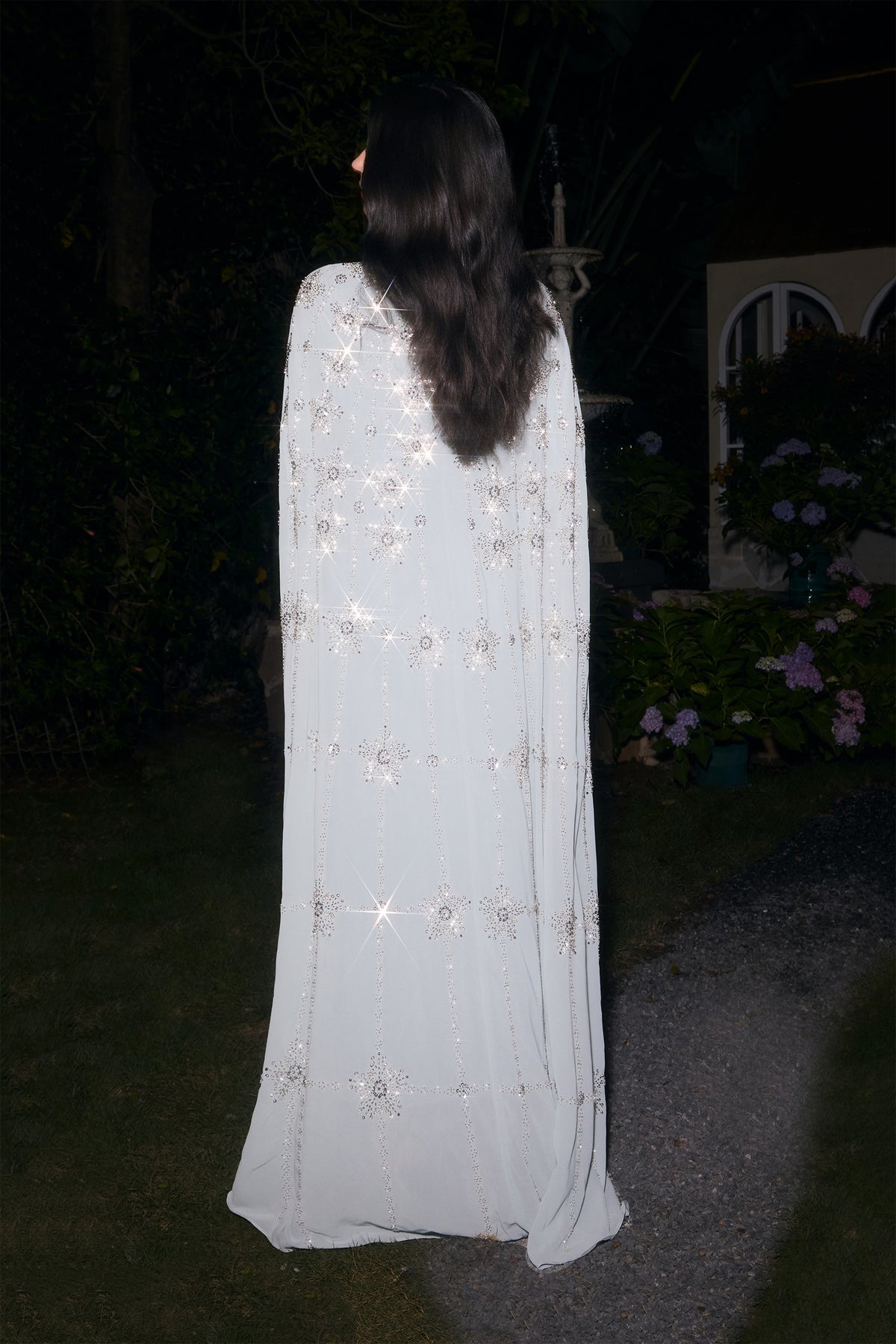 Light Blue Star Rhinestone Embellished Cape Sleeve High Neck Chiffon Kaftan Gown