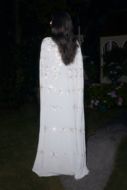 Light Blue Star Rhinestone Embellished Cape Sleeve High Neck Chiffon Kaftan Gown
