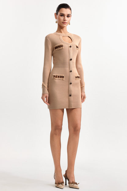 jenny Contour Long Sleeve Knit Mini Dress in Khaki