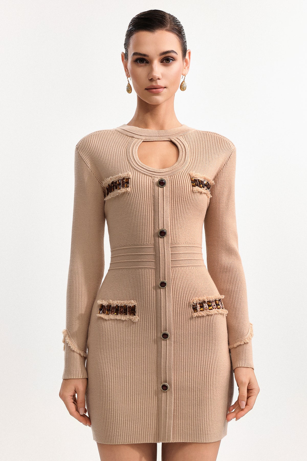 jenny Contour Long Sleeve Knit Mini Dress in Khaki