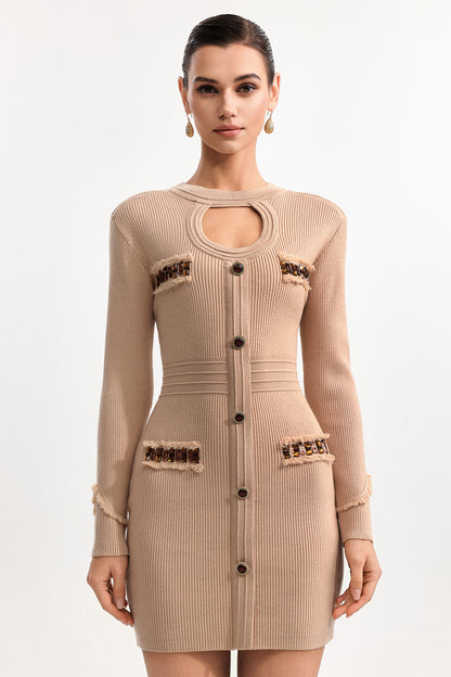 jenny Contour Long Sleeve Knit Mini Dress in Khaki