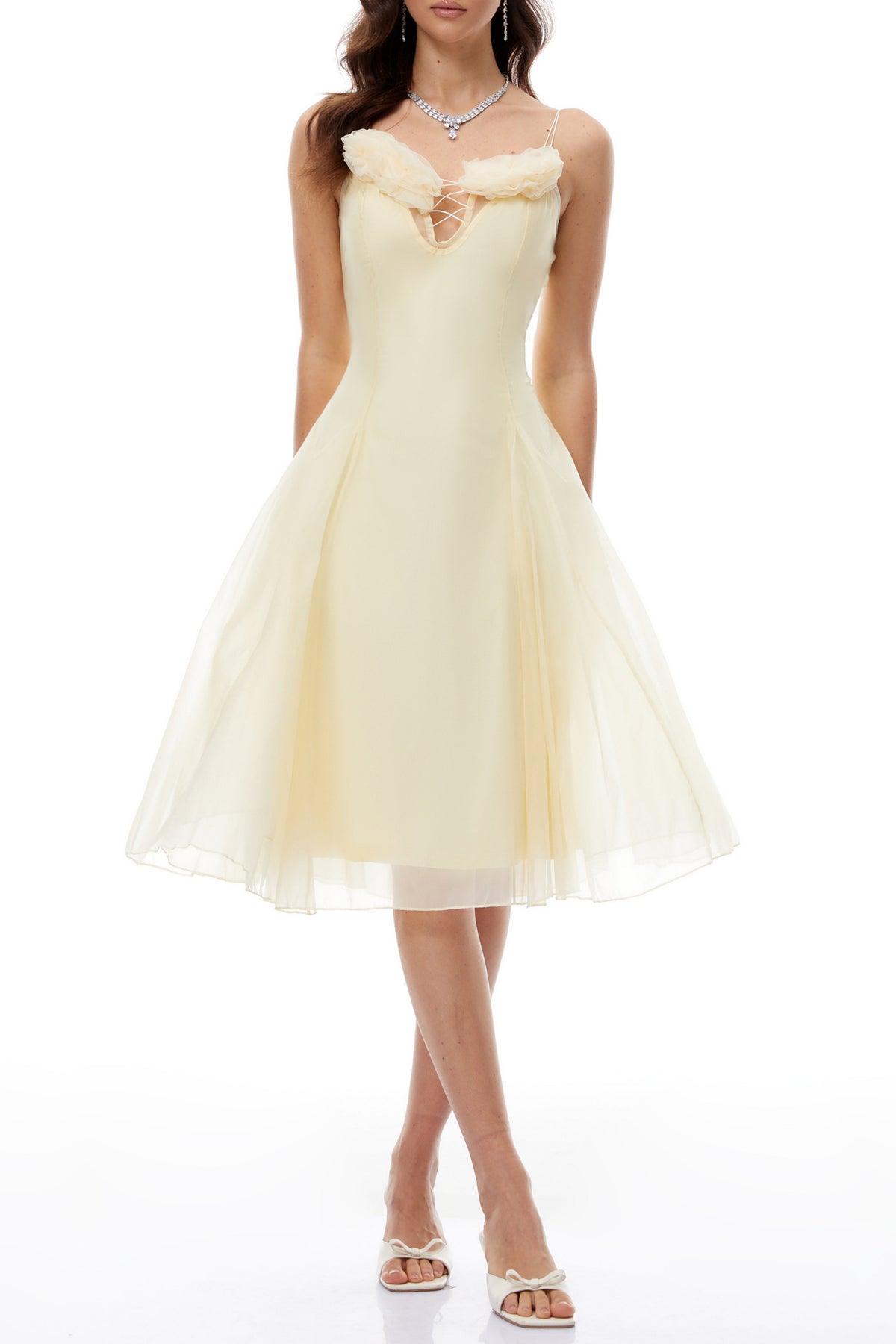 kristin Yellow Floral Appliqué Tulle Midi Dress