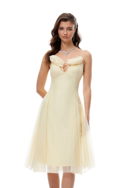 kristin Yellow Floral Appliqué Tulle Midi Dress