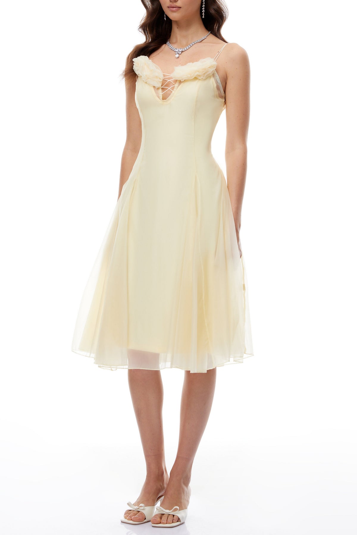 kristin Yellow Floral Appliqué Tulle Midi Dress