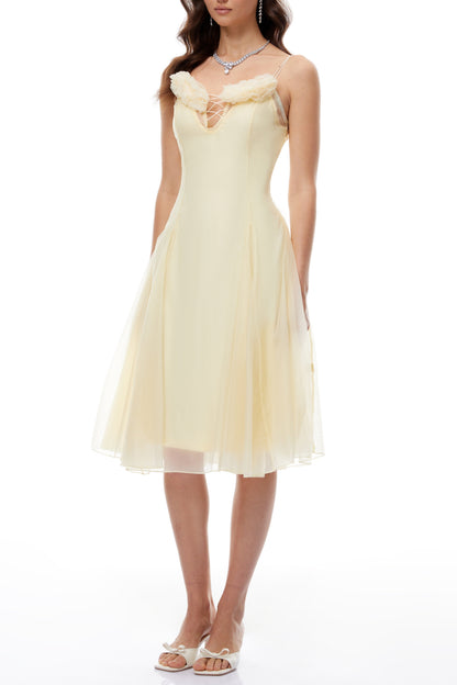 kristin Yellow Floral Appliqué Tulle Midi Dress