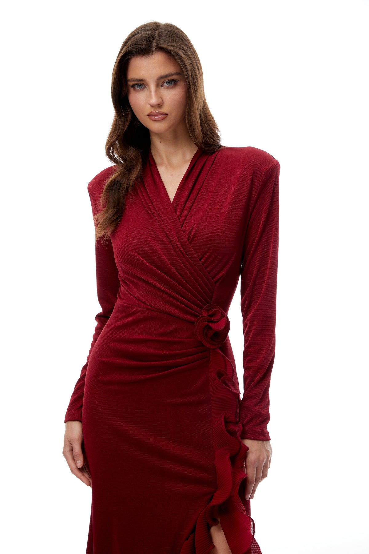 joyce Red Ruffled Gathered high slit Knit Midi Dress