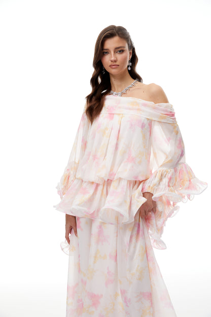 emily White Floral Print Ruffled chiffon Maxi Dress