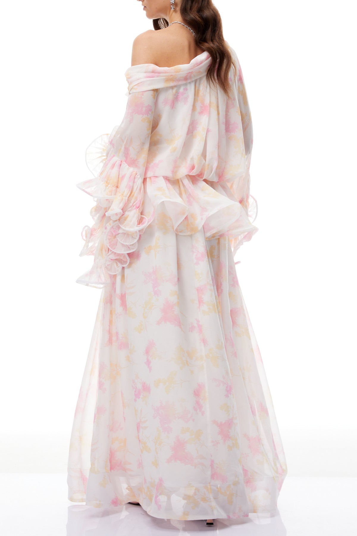 emily White Floral Print Ruffled chiffon Maxi Dress