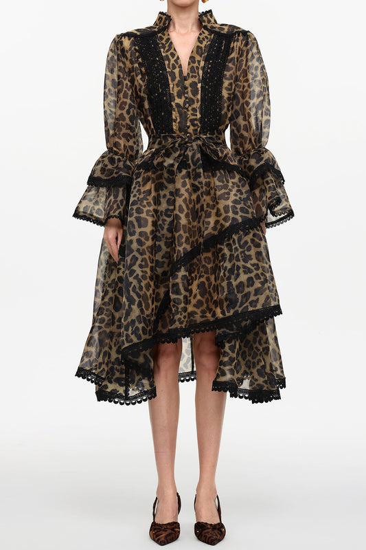 Uhren Resort Flowy V-Neck Long Sleeve Falbala Lace Woven Leopard Print Mini Dress