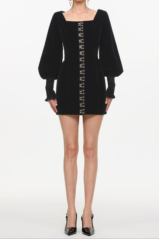 tina Cinched Waist Square Neck Long Sleeve Velvet Mini Dress in black