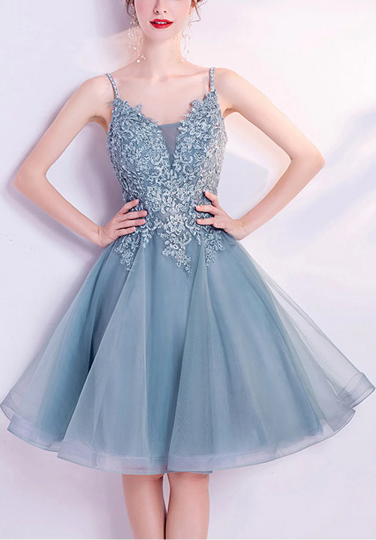 Gray blue Sequin midi Prom Dress