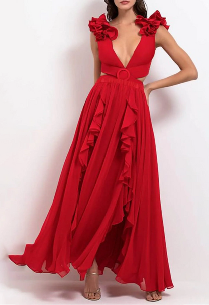 DEEP V RED CUTOUT ONE PIECE SWIMSUIT AND SKIRT