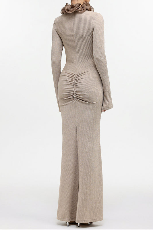 rachel Contour Long Sleeve Ruffle Knit Maxi Dress in pale brown