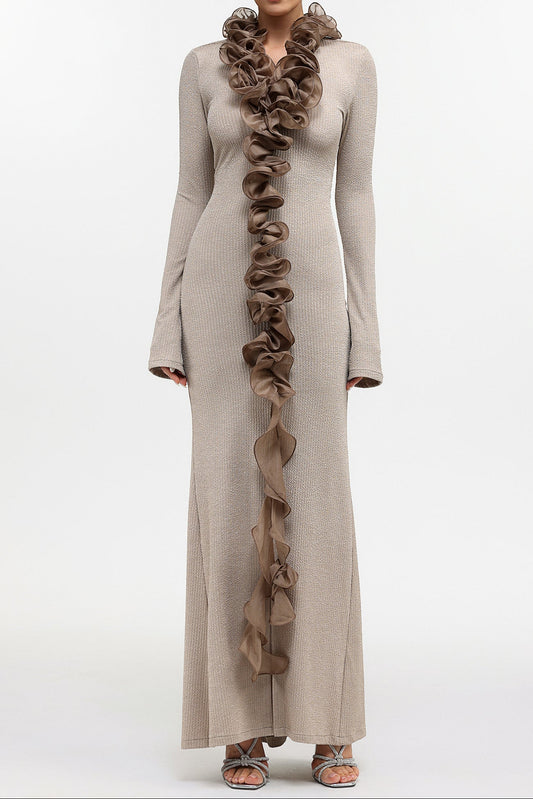 rachel Contour Long Sleeve Ruffle Knit Maxi Dress in pale brown