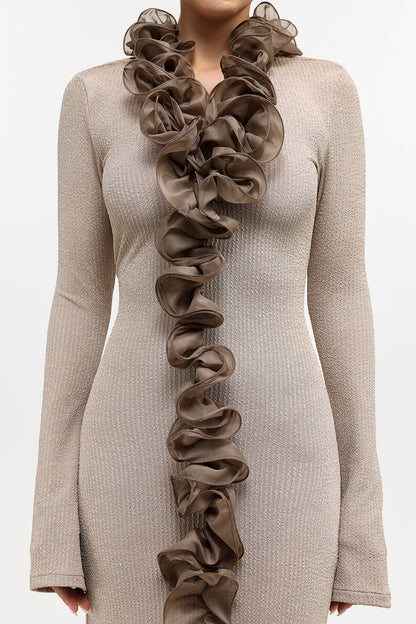 rachel Contour Long Sleeve Ruffle Knit Maxi Dress in pale brown
