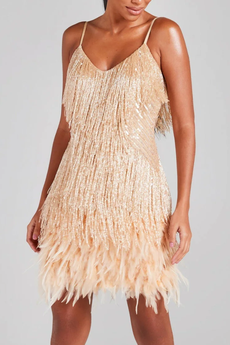 CHAMPAGNE TASSEL FEATHER MINI DRESS
